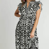 Umgee Full Size Two Tone Border Print Ruffle Cap Sleeve Midi Dress Plus Size - Black