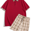 Men's Full Size Classic Plaid Collar Polo and Shorts Set Plus Size - Red