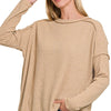 Zenana Ribbed Drop Shoulder Round Neck Sweater - BEIGE