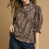 Umgee Leopard Print Ruffle Neck Blouse - GREY