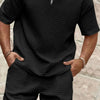 Men's Full Size Zip Collar Short Sleeve Top and Shorts Set Plus Size - Black