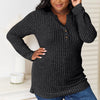 Double Take Notched Neck Ribbed Long Sleeve T-Shirt - Black