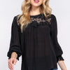 ACTIVE BASIC Crochet Lace Panel Flounce Sleeve Blouse - Black