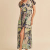 Aemi + Co Lace Detail Slit Geometric Print Short Sleeve Maxi Dress - Green