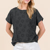 BOMBOM Textured Floral Pattern Short Sleeve T-Shirt - Black