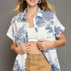 Umgee Full Size Two Tone Print Button Up Short Sleeve Shirt Plus Size - Blue