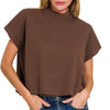 Zenana Viscose Mock Neck Short Sleeve Boxy Sweater - BROWN