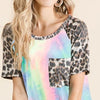 BiBi Tie Dye Knit Top with Leopard Raglan Sleeves - PASTEL TIEDYE