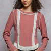 POL Contrast Round Neck Long Sleeve Ribbed Top with Eyelet Patch - MAUVE PINK
