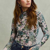 SO ME Floral Print Mesh Knit Long Sleeves Top - OLIVE THYME