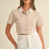 MABLE Button Down Contrast Collared Knit Cardigan - Tan