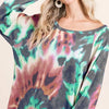 BiBi Tie Dye Print Terry Top with Puff Sleeves - MOCHA/CHARCOAL