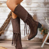 Fringe Point Toe Block Heels Boots - Brown