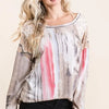 BiBi Tie Dye Knit Top with Print Block Shoulder - TAUPE/VINTAGE RED