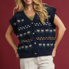 Umgee Button-Down Knit Vest with Floral Pattern - MIDNIGHT