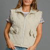 Umgee Sleeveless Quilted Vest with Bow Details - CREAM