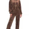 Zenana Velvet Zip Up Hoodie and Pants Set - BROWN