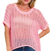 Zenana Fish Net Short Sleeve Crochet Knit Cover Up - DK PINK