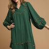 Umgee Textured Babydoll Dress with Leopard Trim - PALM GREEN