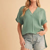 Aemi + Co Side Slit V-Neck Short Sleeve Blouse - Turquoise