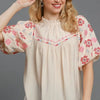 Umgee Full Size Embroidered Puff Sleeve Mock Neck Top Plus Size - Cream
