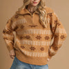 Umgee Floral Patterned Jacquard Quarter-Zip Pullover Sweater - TAUPE