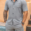 Men's Full Size Button Up Short Sleeve Top and Shorts Set Plus Size - Grey