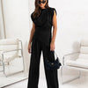 Slit Ruched Top and Wide Leg Pants Set - Black