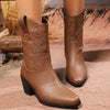 Point Toe Block Heels Boots - Tan