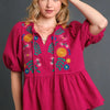 Umgee Full Size Cotton Gauze Floral Embroidery Babydoll Blouse Plus Size - Deep Rose