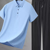 Men's Plus Size Button Detail Polo and Pants Set - Blue