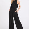 Mittoshop Textured Stretchy Crop Tank and Pants Set - BLACK