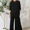 Double Take Full Size Round Neck Slit Top and Pants Set - Black