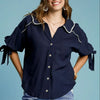 Umgee Full Size Embroidered Detail Button Down Shirt Plus Size - Dark Navy