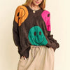 Davi & Dani Contrast Smile Round Neck Oversize Sweater - Dark Brown