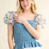 And The Why Embellishment Sleeve Smocked Top - BLUE