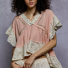 POL Floral V-Neck Short Sleeve Ruffled Double Gauze Blouse with Embroidery Detail - SALMON PINK