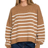 Zenana Exposed Seam Striped Oversized Sweater - DEEP CAMEL