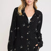 Umgee Linen Blend Fitted Shirt with Ribbon Embroidery Details - Black