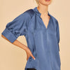 Annie Wear Satin V Neck Open Short Sleeve Woven Blouse Top - DUSTY BLUE
