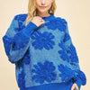 Davi & Dani Flower Texture Round Neck Dropped Shoulder Sweater - Blue