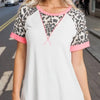 HeimishFull Size Leopard Round Neck Short Sleeve T-Shirt with Stitch Plus Size - Ivory