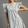 Umgee Full Size Striped Notched Ruffled Cap Sleeve Mini Dress Plus Size - Light Blue