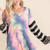 BiBi Tie Dye V Neck Top with Stripe Puff Sleeves - CHARCOAL TIEDYE