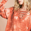 BiBi Lace-Up Tie-Dye French Terry Long Sleeve Top - MARSALA