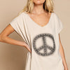 POL Peace Sign Studded V-Neck T-Shirt - Cream