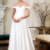Pleated Waistline Sweethearted Cut-Away Shoulder Satin A-Line Dress - Ivory