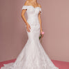 Cut-Away Shoulder Embroidered Mesh Mermaid Wedding Gown - Ivory/Cream