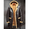 Men's RAF Hooded Shearling Fur Sheepskin Leather Long Jacket Winter Coats - -