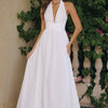 Chiffon Gown with a Deep V Halter Neckline and Soft Pleating, A-Line Silhouette - Off White